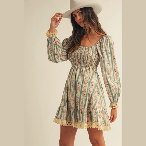 LOVLOV Vintage Floral Maxi Dress Western Cottagecore Lace Trim Smocked Bodice - Picture 5 of 16